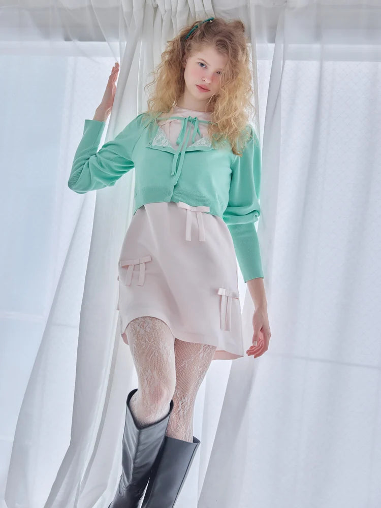 Many ribbon satin mini dress green style