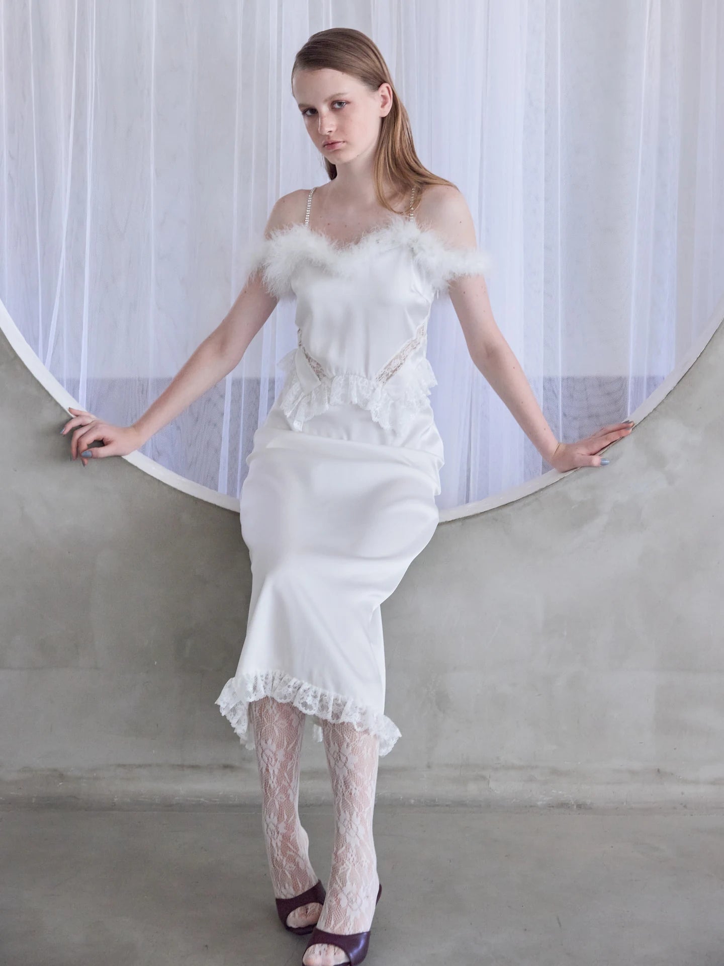 Fur trim satin dress — 1