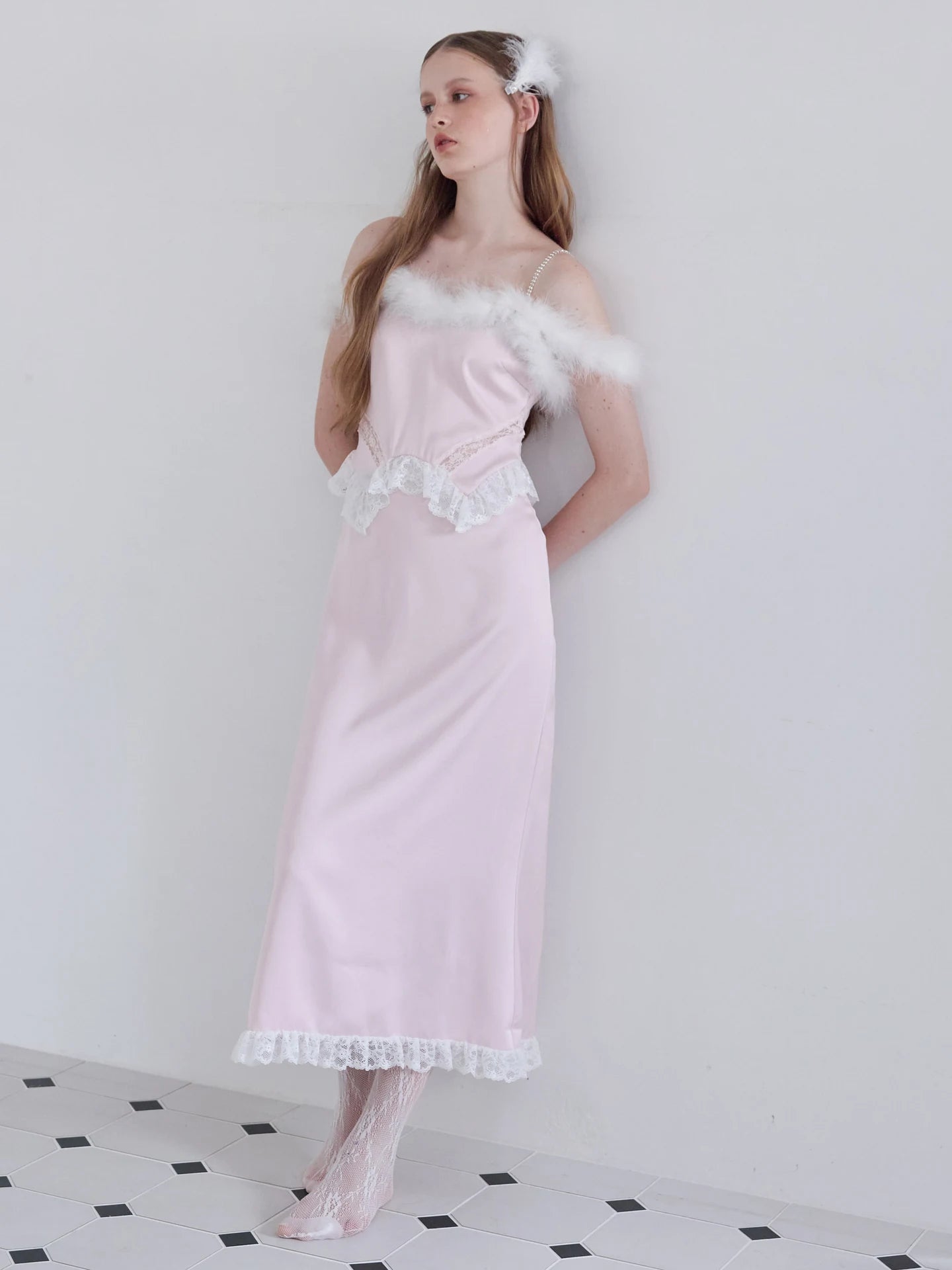 Fur trim satin dress — 3