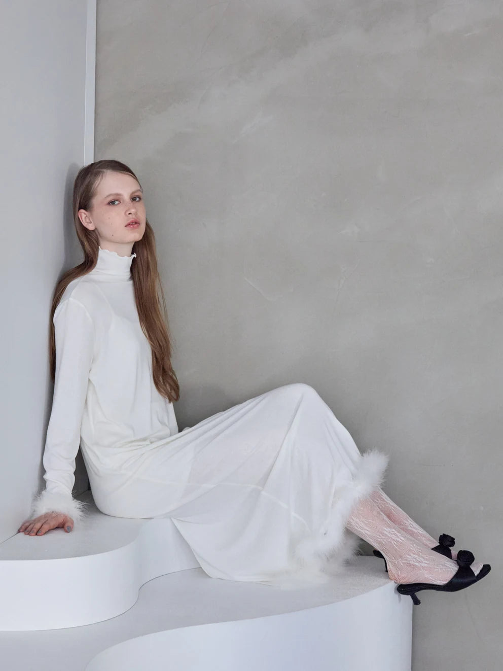 Fur trim maxi jersey dress white